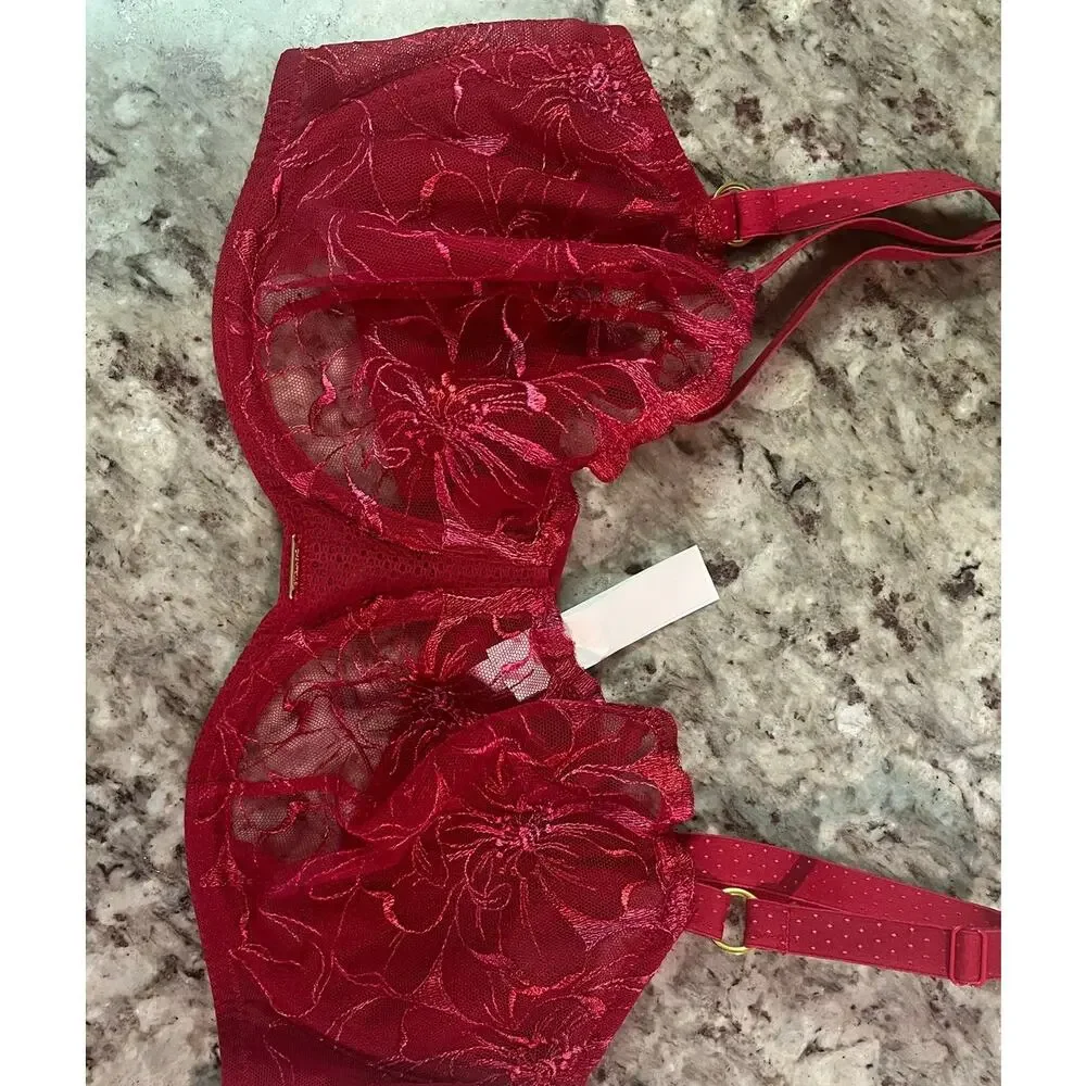 Chantelle $125 Fleur Demi Lace Floral Bra in Red Candy Apple Size 34DD